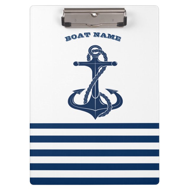 Nautical Boat Name,Anchor  Navy Blue White Stripes Clipboard (Front)