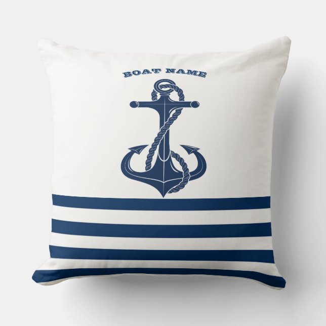 Nautical Boat Name,Anchor Navy Blue White Stripes Cushion (Front)