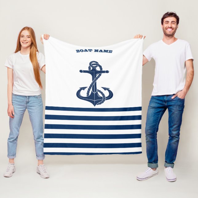 Nautical Boat Name,Anchor  Navy Blue White Stripes Fleece Blanket (In Situ)