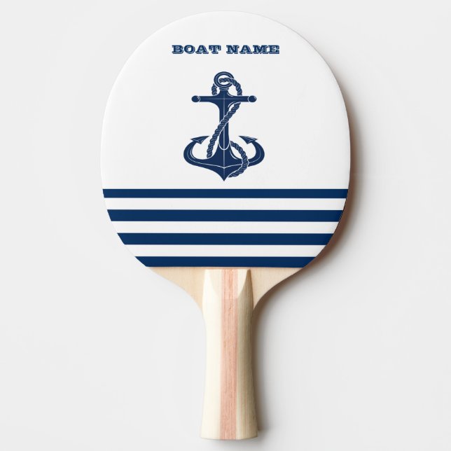 Nautical Boat Name,Anchor  Navy Blue White Stripes Ping Pong Paddle (Front)