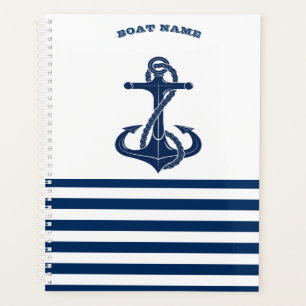 Nautical Boat Name,Anchor Navy Blue White Stripes Planner