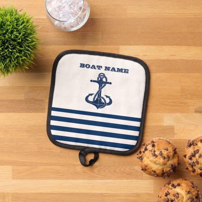 Nautical Boat Name,Anchor Navy Blue White Stripes Pot Holder (Top Down)