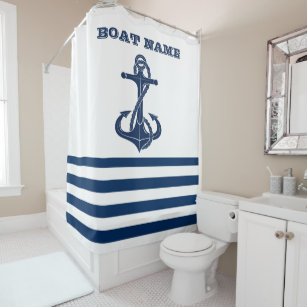 Nautical Boat Name,Anchor Navy Blue White Stripes Shower Curtain