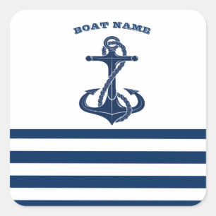 Nautical Boat Name,Anchor  Navy Blue White Stripes Square Sticker