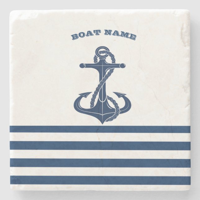 Nautical Boat Name,Anchor  Navy Blue White Stripes Stone Coaster (Front)