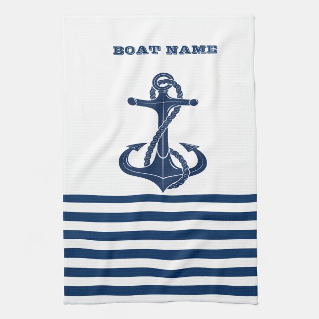 Nautical Boat Name,Anchor  Navy Blue White Stripes Tea Towel (Vertical)