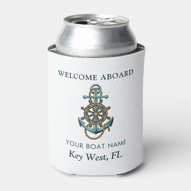 Nautical Boat Name Anchor Party Welcome Aboard Can Cooler (Can Front)