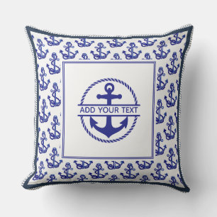 Nautical Boat Name Anchor Pattern Navy Blue Cushion