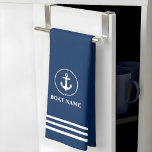 Nautical Boat Name Anchor Rope Blue Striped Tea Towel<br><div class="desc">Nautical Boat Name Anchor Rope Kitchen Towel - Navy Blue and White Stripes</div>