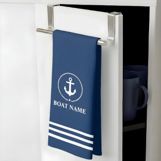 Nautical Boat Name Anchor Rope Blue Striped Tea Towel