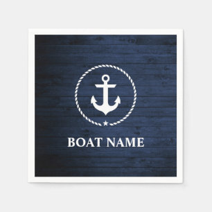 Nautical Boat Name Anchor Rope Blue Wood Napkin