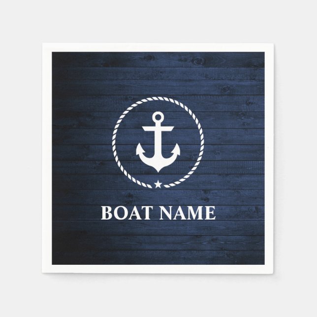 Nautical Boat Name Anchor Rope Blue Wood Napkin (Front)