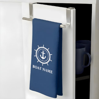 Nautical Boat Name Anchor Rope Helm Navy Blue Tea Towel