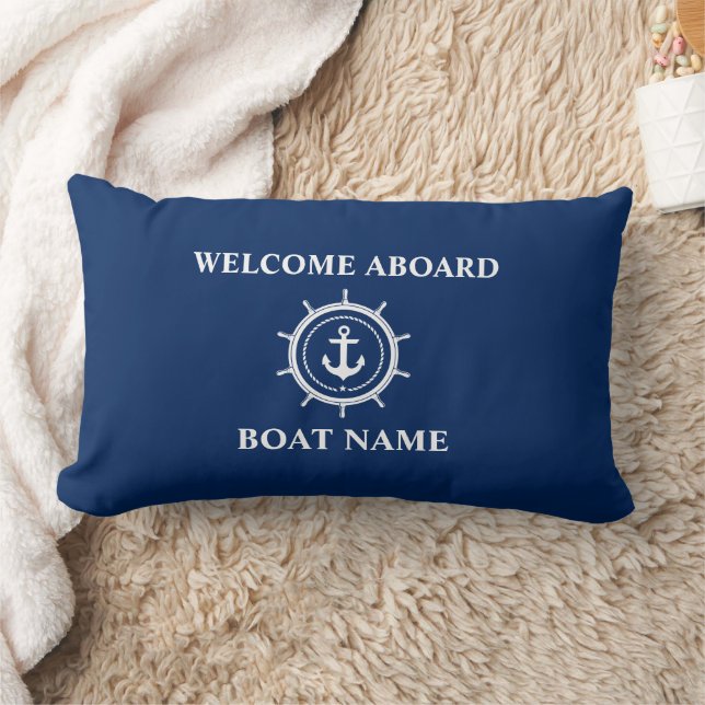 Nautical Boat Name Anchor Rope Helm Welcome Blue Lumbar Cushion (Blanket)