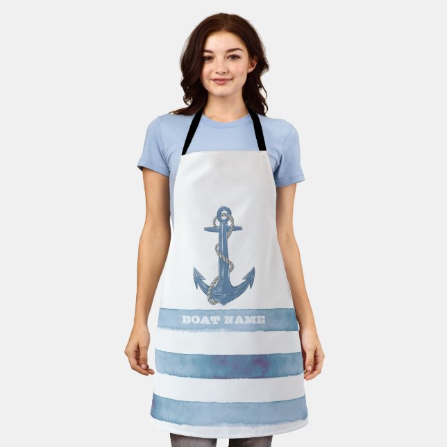 Nautical Boat Name,Anchor,Rope,Light Blue Stripes  Apron (Worn)