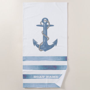 Nautical Boat Name,Anchor,Rope,Light Blue Stripes Beach Towel