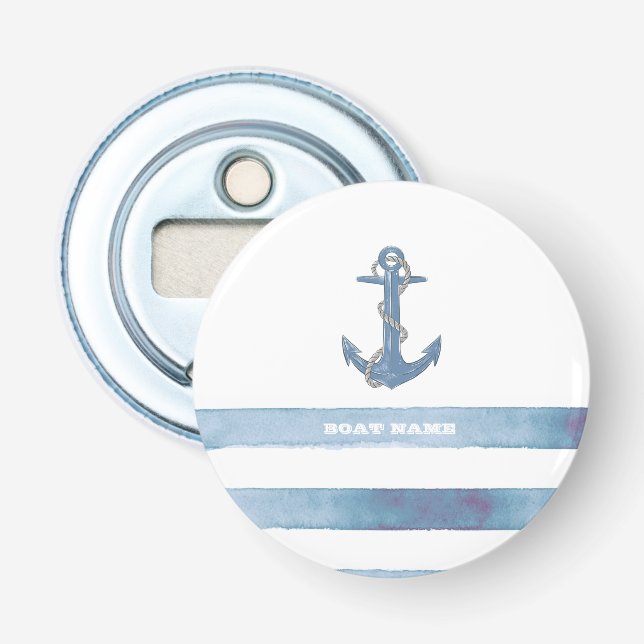 Nautical Boat Name,Anchor,Rope,Light Blue Stripes  Bottle Opener (Front)