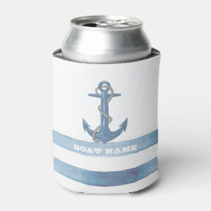 Nautical Boat Name,Anchor,Rope,Light Blue Stripes Can Cooler