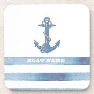Nautical Boat Name,Anchor,Rope,Light Blue Stripes  Coaster