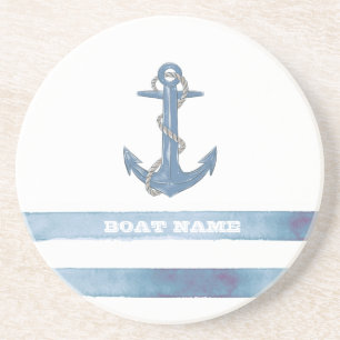 Nautical Boat Name,Anchor,Rope,Light Blue Stripes  Coaster