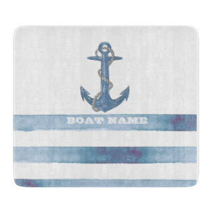 Nautical Boat Name,Anchor,Rope,Light Blue Stripes Cutting Board
