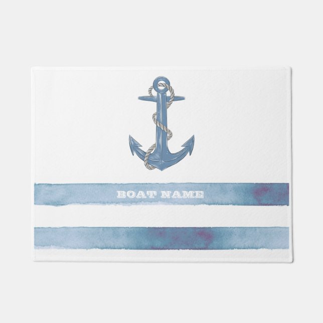 Nautical Boat Name,Anchor,Rope,Light Blue Stripes Doormat (Front)