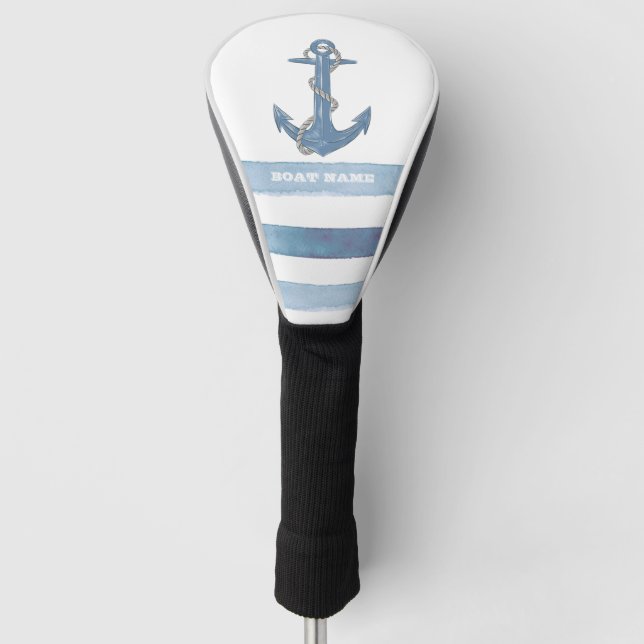 Nautical Boat Name,Anchor,Rope,Light Blue Stripes  Golf Head Cover (Front)