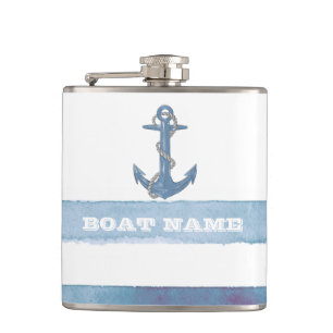 Nautical Boat Name,Anchor,Rope,Light Blue Stripes Hip Flask