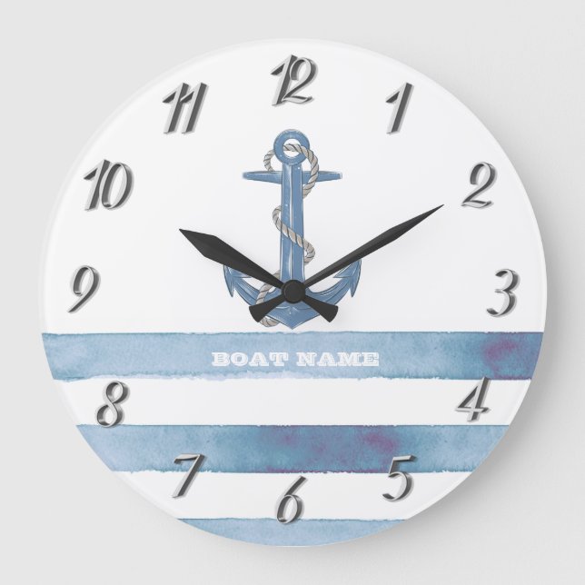Nautical Boat Name,Anchor,Rope,Light Blue Stripes Large Clock (Front)