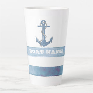Nautical Boat Name,Anchor,Rope,Light Blue Stripes  Latte Mug