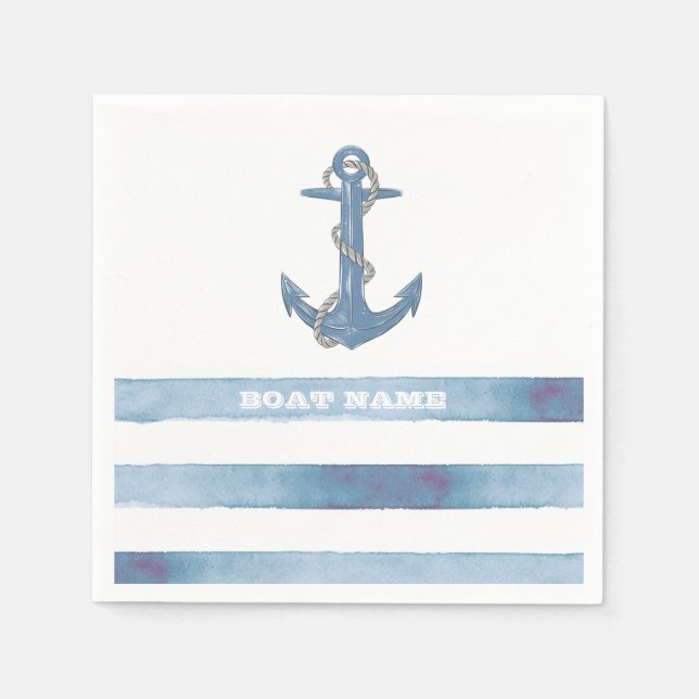 Nautical Boat Name,Anchor,Rope,Light Blue Stripes  Napkin (Front)