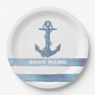 Nautical Boat Name,Anchor,Rope,Light Blue Stripes Paper Plate