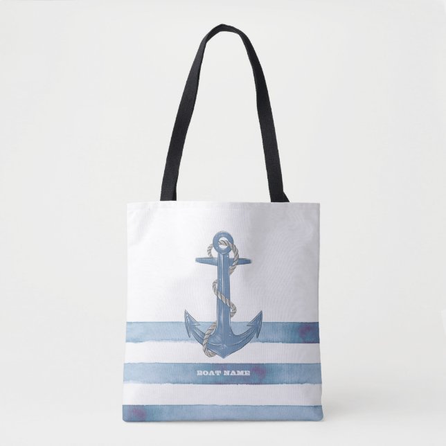Nautical Boat Name,Anchor,Rope,Light Blue Stripes  Tote Bag (Front)