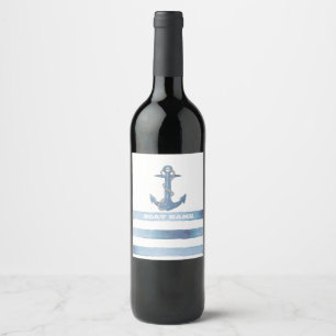 Nautical Boat Name,Anchor,Rope,Light Blue Stripes Wine Label