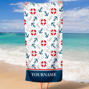 Nautical Boat Name Anchor Rope Navy Blue Beach Towel