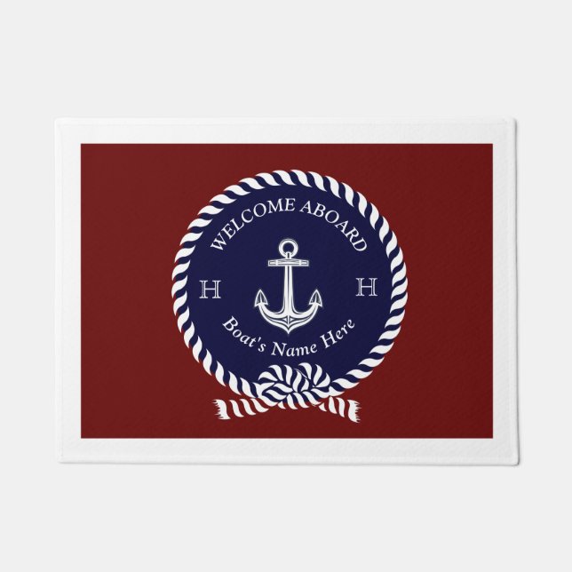Nautical Boat Name Anchor Rope Navy Blue Maroon  Doormat (Front)
