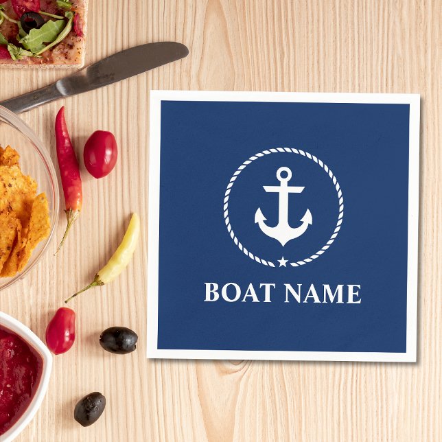 Nautical Boat Name Anchor Rope Navy Blue Napkin (Customize to change background color, text size or text style. )