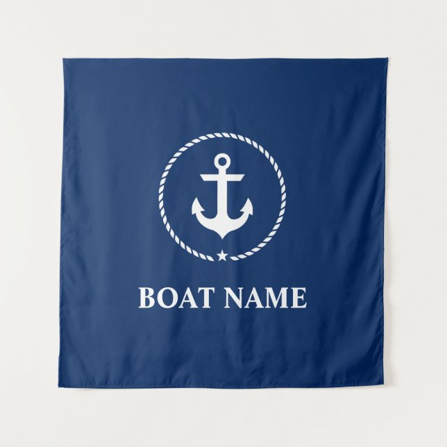 Nautical Boat Name Anchor Rope Navy Blue Square Tapestry (Front (Horizontal))