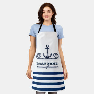 Nautical Boat Name,Anchor,Rope, Navy Blue Stripes Apron
