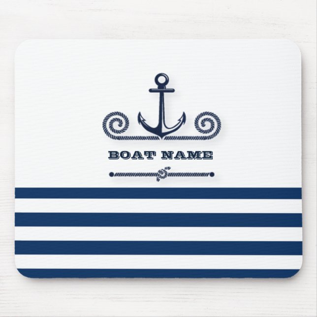 Nautical Boat Name,Anchor,Rope, Navy Blue Stripes  Mouse Mat (Front)