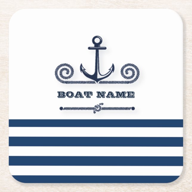 Nautical Boat Name,Anchor,Rope, Navy Blue Stripes  Square Paper Coaster (Front)
