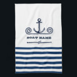 Nautical Boat Name,Anchor,Rope, Navy Blue Stripes  Tea Towel<br><div class="desc">This image features a boat name,  and anchor on a navy blue and white striped background.</div>