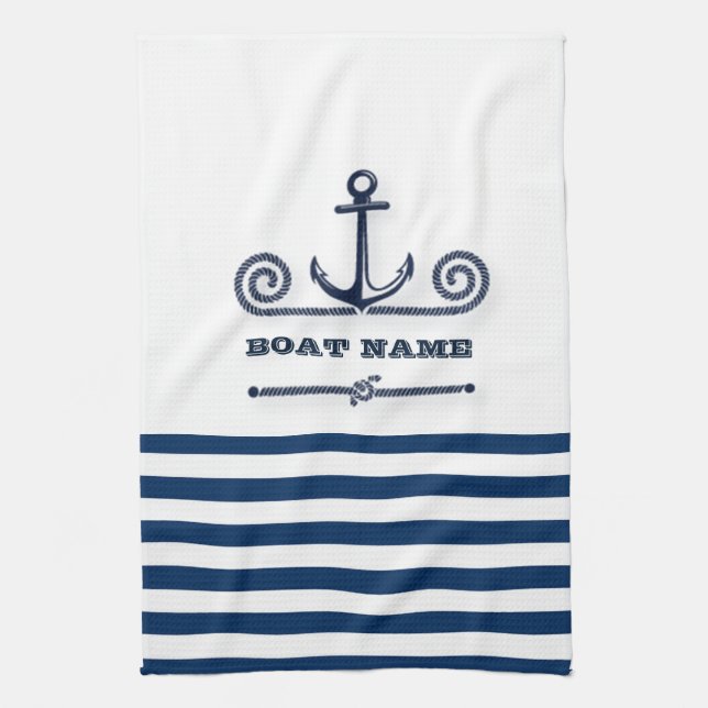 Nautical Boat Name,Anchor,Rope, Navy Blue Stripes  Tea Towel (Vertical)