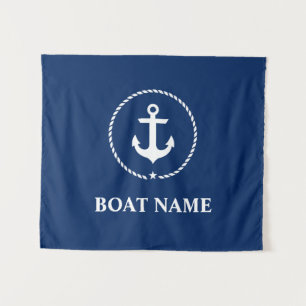 Nautical Boat Name Anchor Rope Navy Blue Tapestry