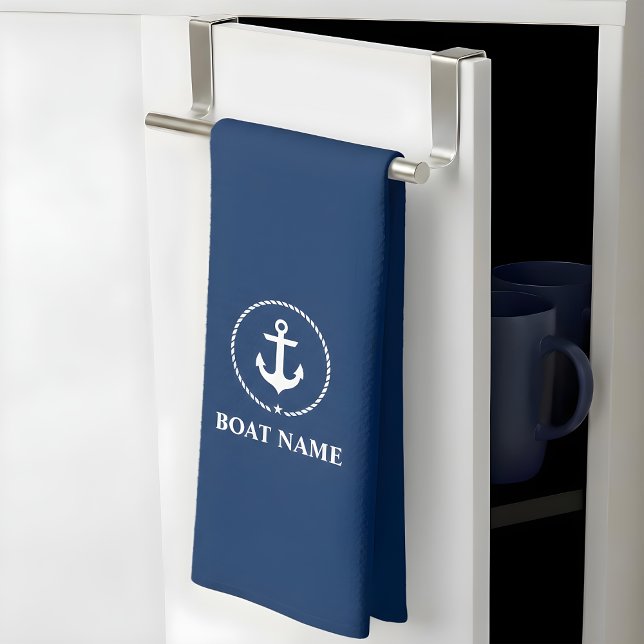 Nautical Boat Name Anchor Rope Navy Blue Tea Towel (Customize to change background color.)