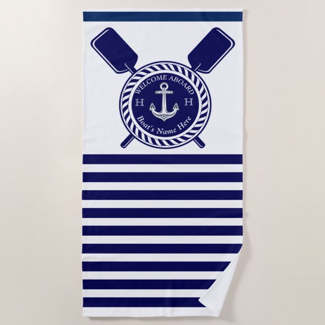 Nautical Boat Name Anchor Rope Navy Blue Welcome Beach Towel (Front)