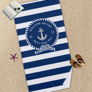 Nautical Boat Name Anchor Rope Navy Blue Welcome Beach Towel