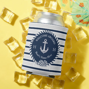 Nautical Boat Name Anchor Rope Navy Blue Welcome Can Cooler