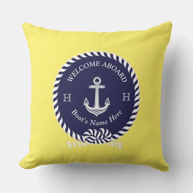 Nautical Boat Name Anchor Rope Navy Blue Welcome Cushion (Front)
