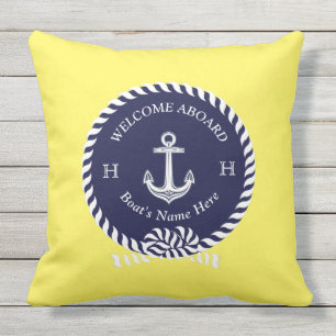 Nautical Boat Name Anchor Rope Navy Blue Welcome Cushion